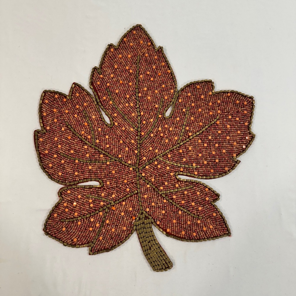 Beaded Maple Leaf Placemat 16x14 Fall Thanksgiving Table Decor Orange Brown